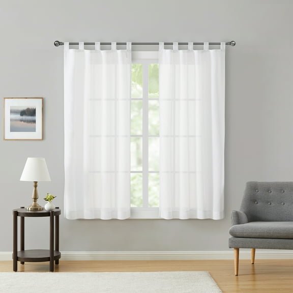 Mainstays Light Filtering Tab Top Curtain Panel Set, Set of 2, White, 37" W x 63” L