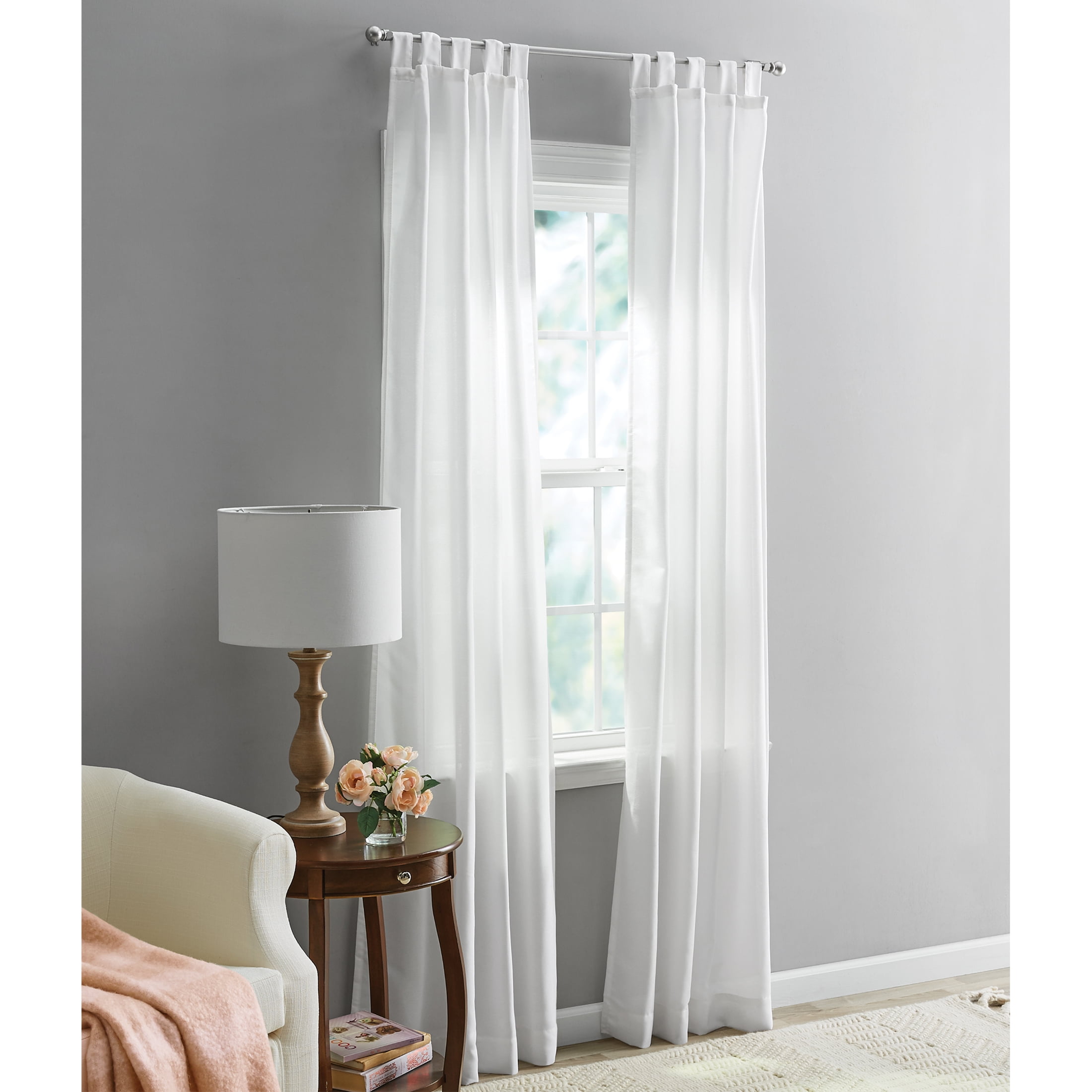 Mainstays Light Filtering Tab Top Curtain Panel Set, 2 Panels, White, 37 in x 95 in