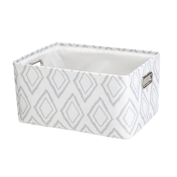 Mainstays Light Gray Diamond Canvas Fabric Decorative Storage Basket with Handles, 15 in x 8 in x 11 in