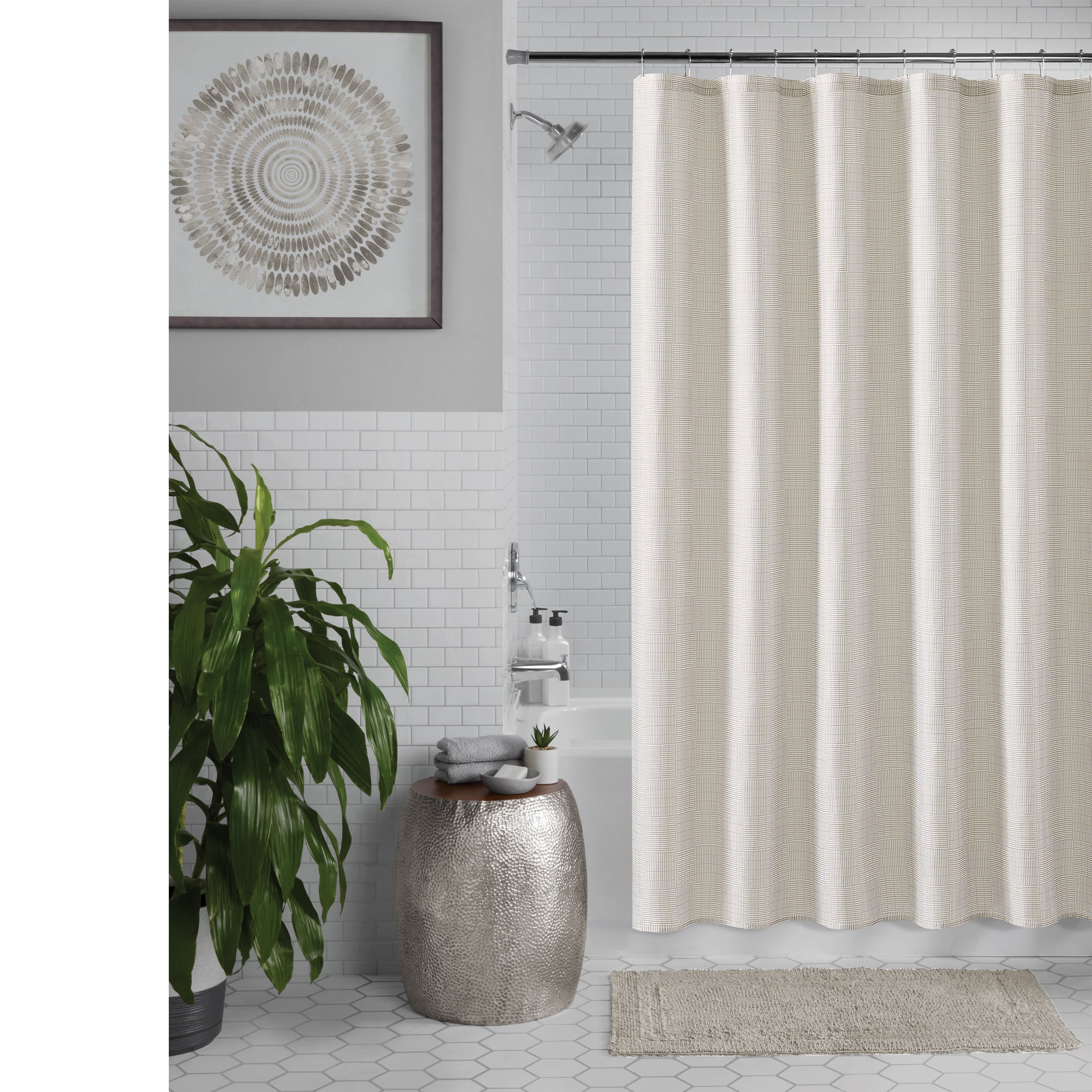 Mainstays Linear Square Beige Fabric Shower Curtain, 72” x 72”