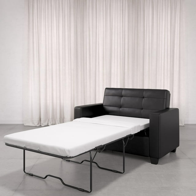 Mainstays Loveseat Sleeper Sofa with Twin Memory Foam Mattress, Black Faux Leather