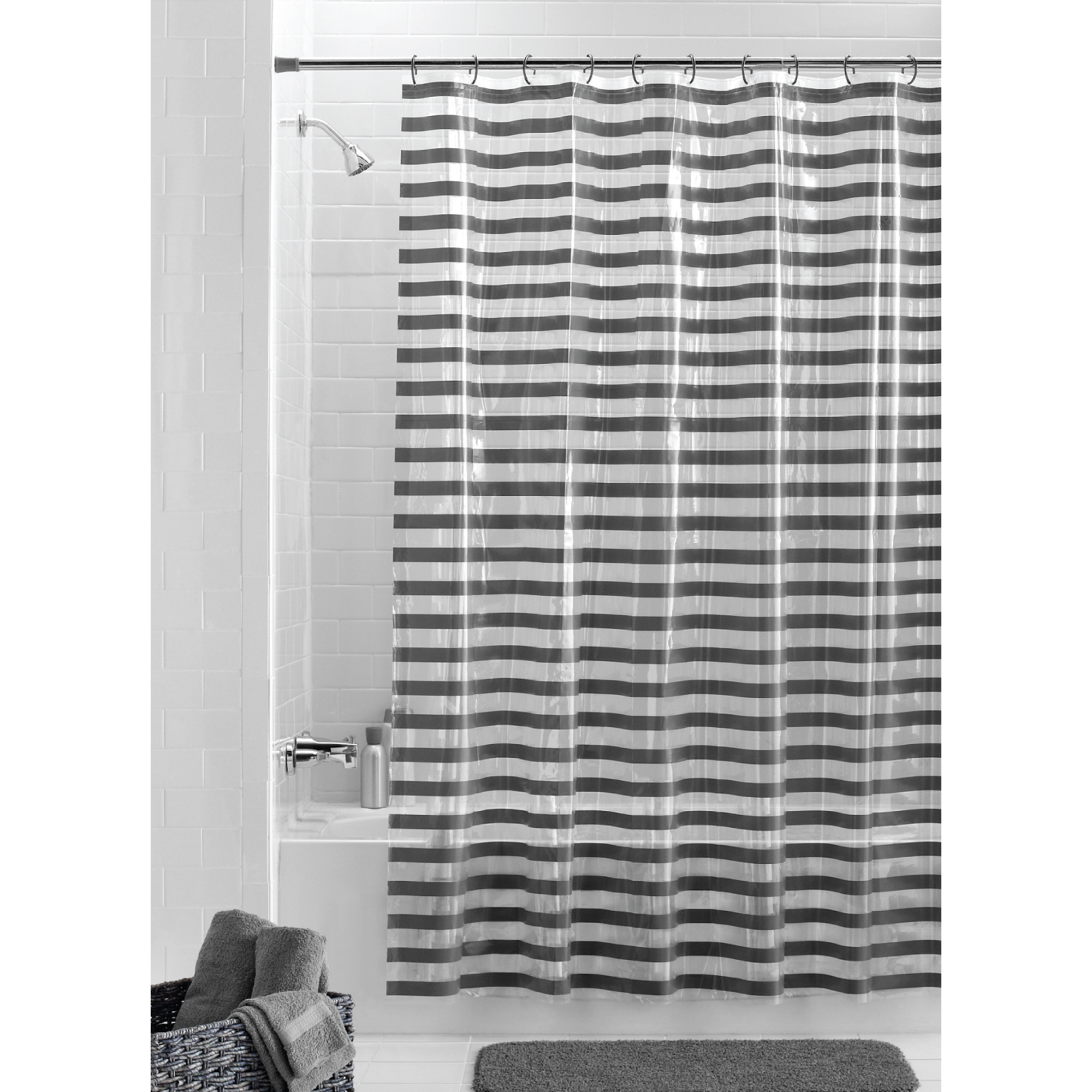 Mainstays Luisa Printed Stripe, 72" x 70" Lightweight PEVA Shower Curtain Gray (13 Pieces) - image 1 of 5