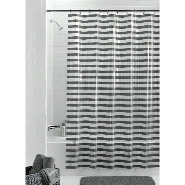 Mainstays Luisa Printed Stripe, 72" x 70" Lightweight PEVA Shower Curtain Gray (13 Pieces)