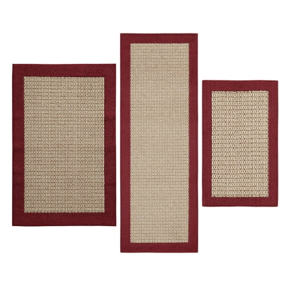 Mainstays Machine Washable Faux Sisal Red Border Indoor Accent Rug Set, 3-Piece Set