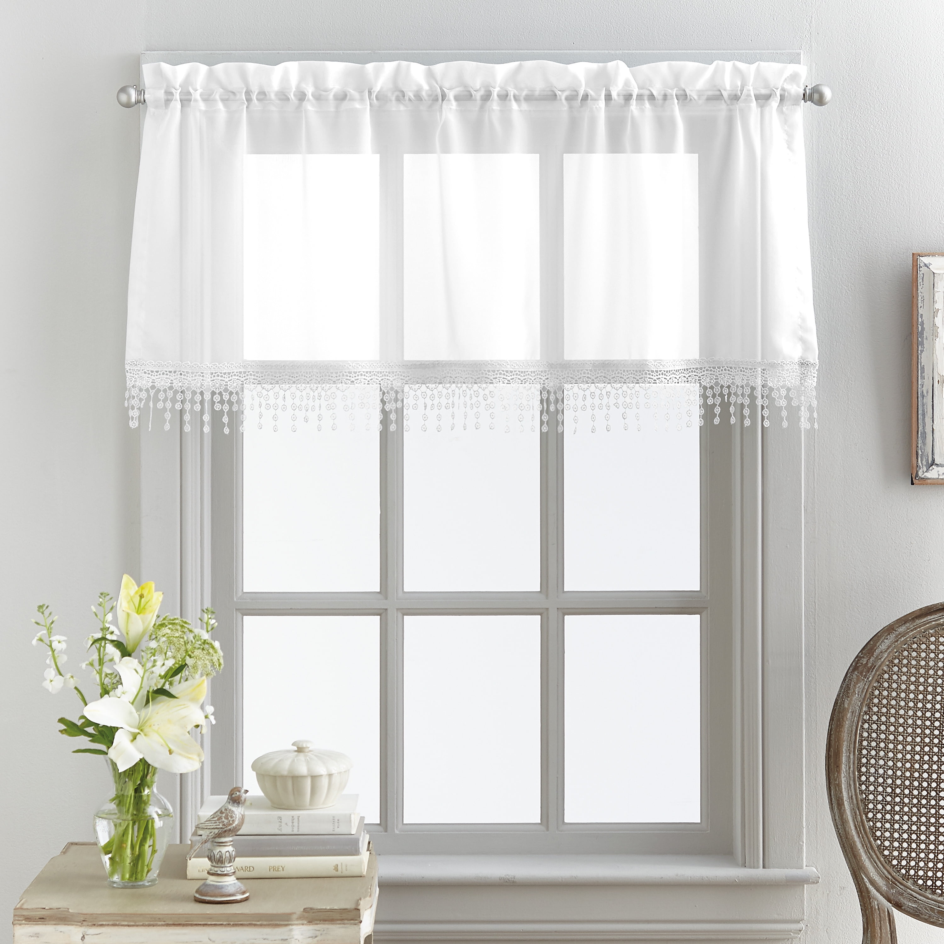 Mainstays Macrame Tailored Curtain Valance, Single Panel, White, 50'' W x 18" L
