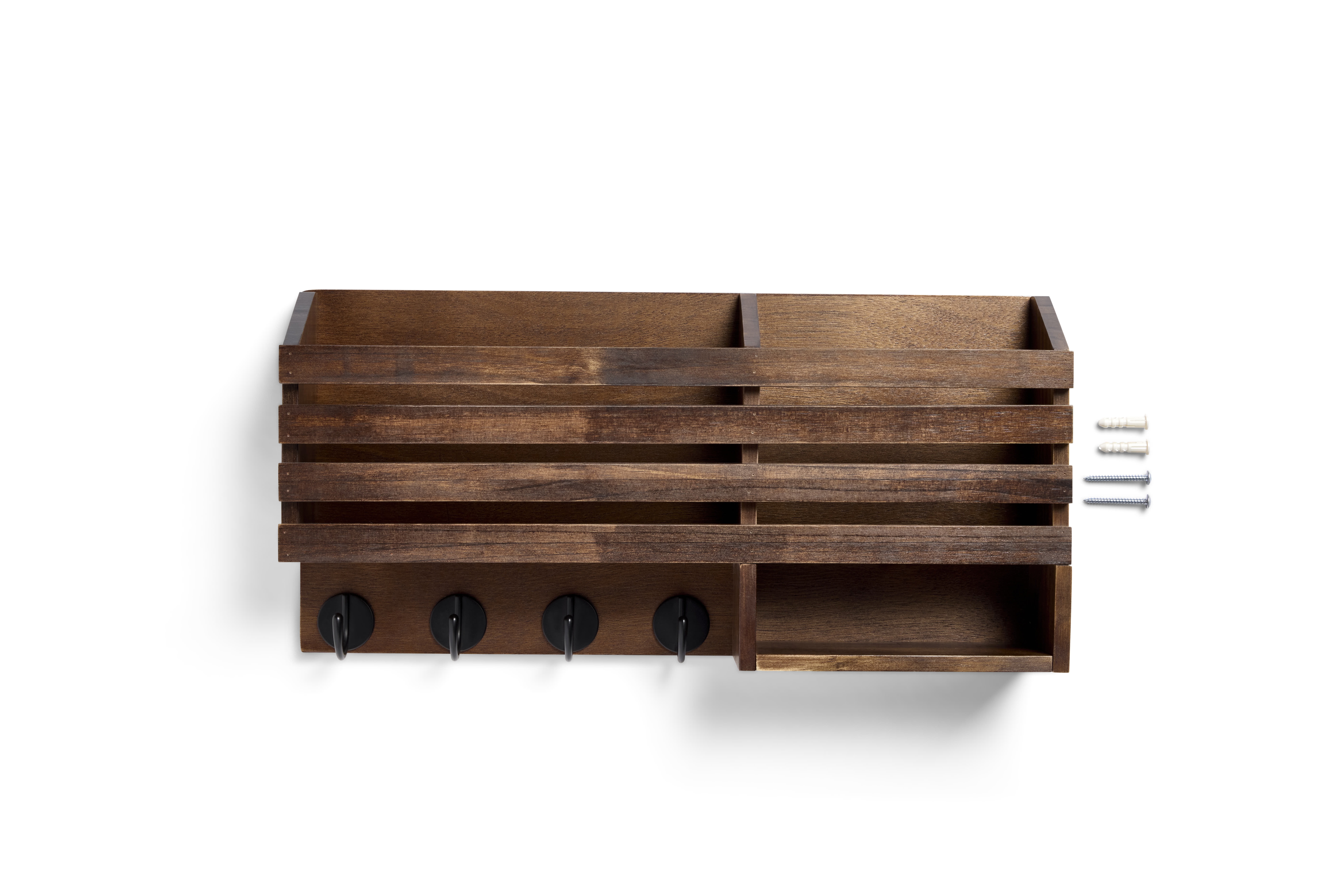 Mainstays Wall Mounted Mail Sorter Cubby with 4 Key Hooks, Brown Canyon Walnut Finish