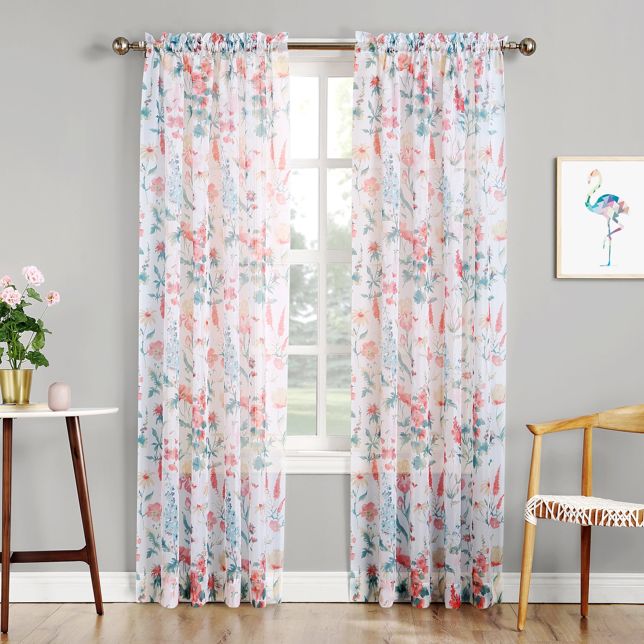 Mainstays Marjorie Sheer Voile Rod Pocket Single Curtain Panel, 1 Panel, White Floral, 58"W x 63"L