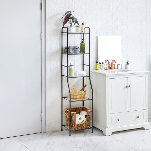 Open Box Mainstays Matte Black Steel 5-Shelf Bathroom Storage Tower Unit