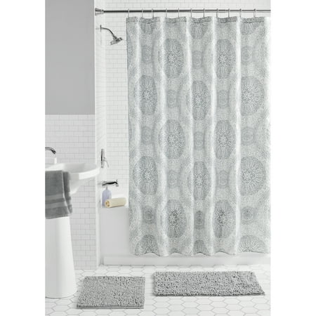 Mainstays Medallion 15-Piece Medallion Polyester Shower Curtain Set, Silver