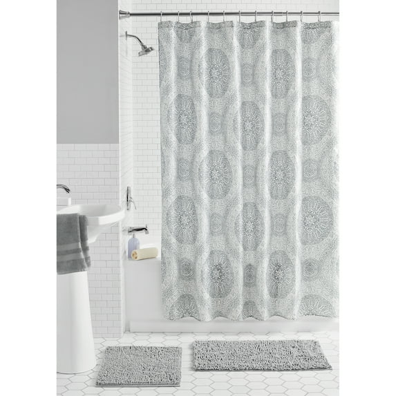 Mainstays Medallion 15-Piece Medallion Polyester Shower Curtain Set, Silver