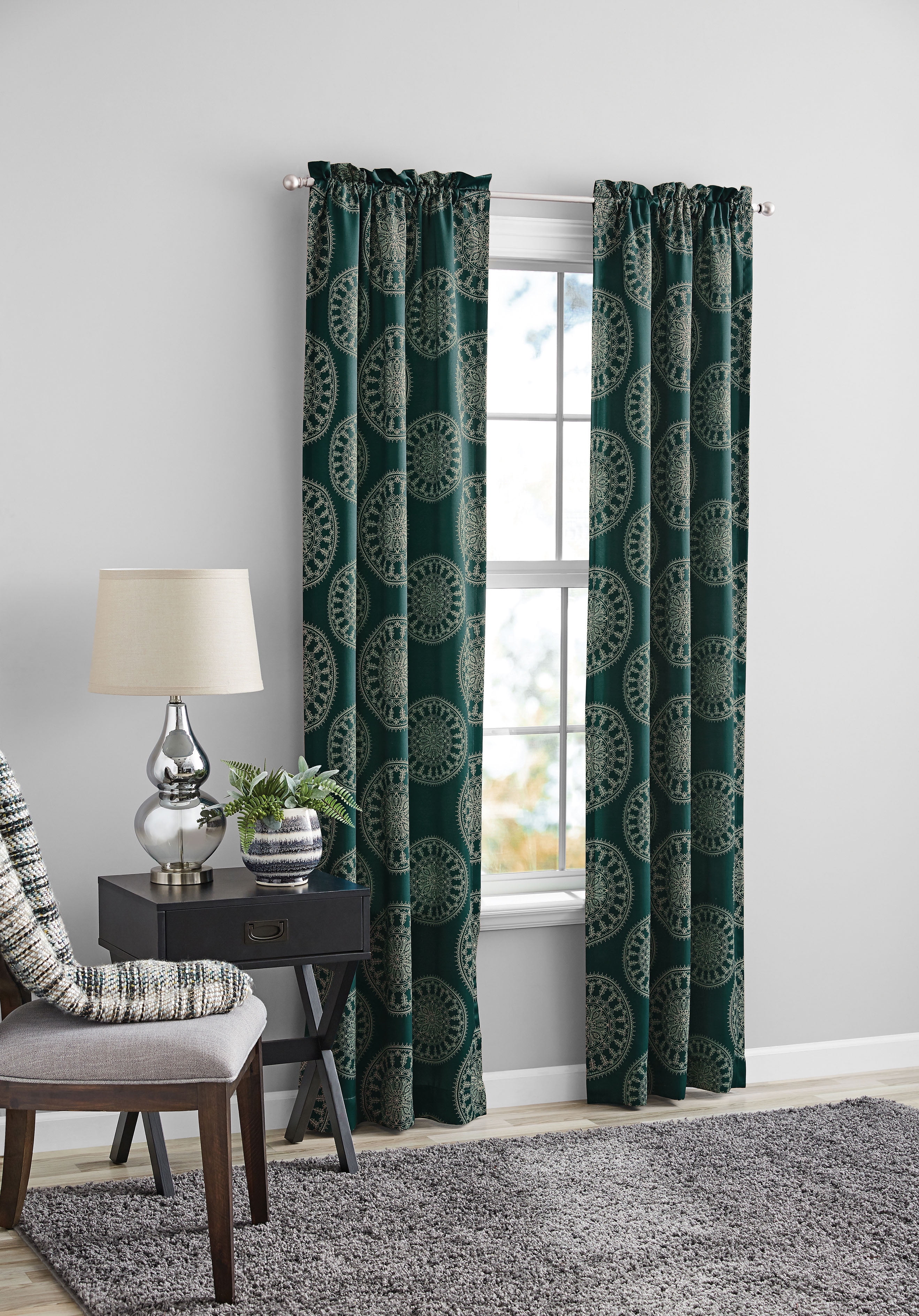 Mainstays Medallion Print Dark Teal Blue Room Darkening Rod Pocket