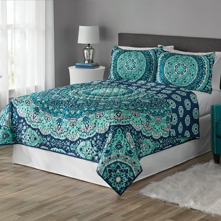 Mainstays Medallion Teal Medallion Polyester Quilt Full Queen