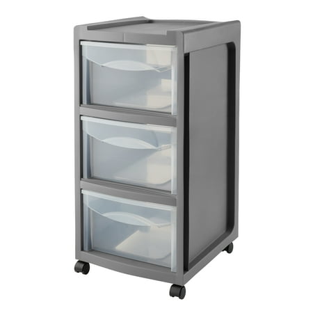 Mainstays Medium 3-Drawer Plastic Storage Cart with Wheels, Gray Flannel