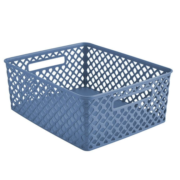 Mainstays Medium Blue Decorative Plastic Storage Basket, 14 in x 11.5 in x 5.3 in