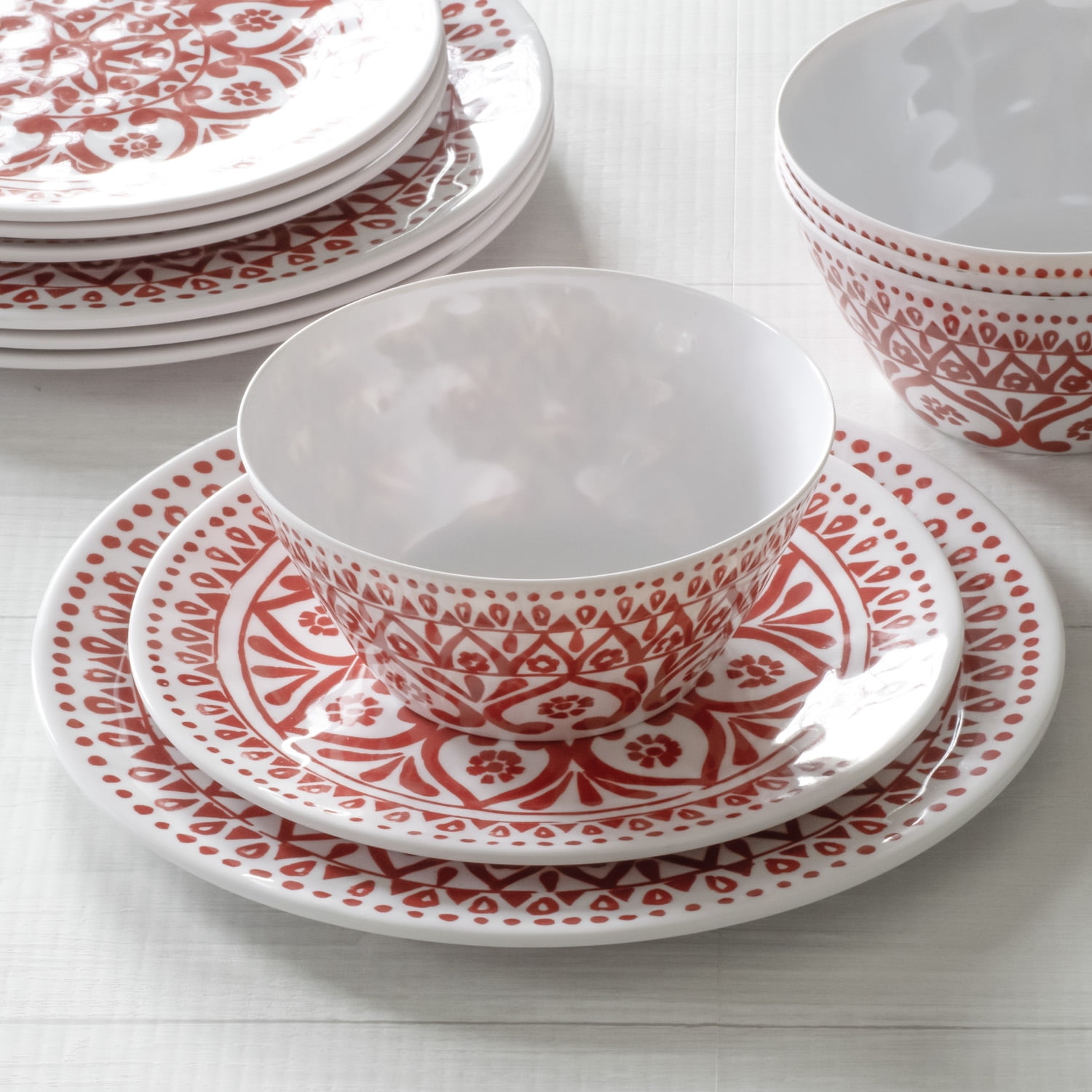 Mainstays Melamine Medallion Red 12 Piece Dinnerware Set, Service for 4