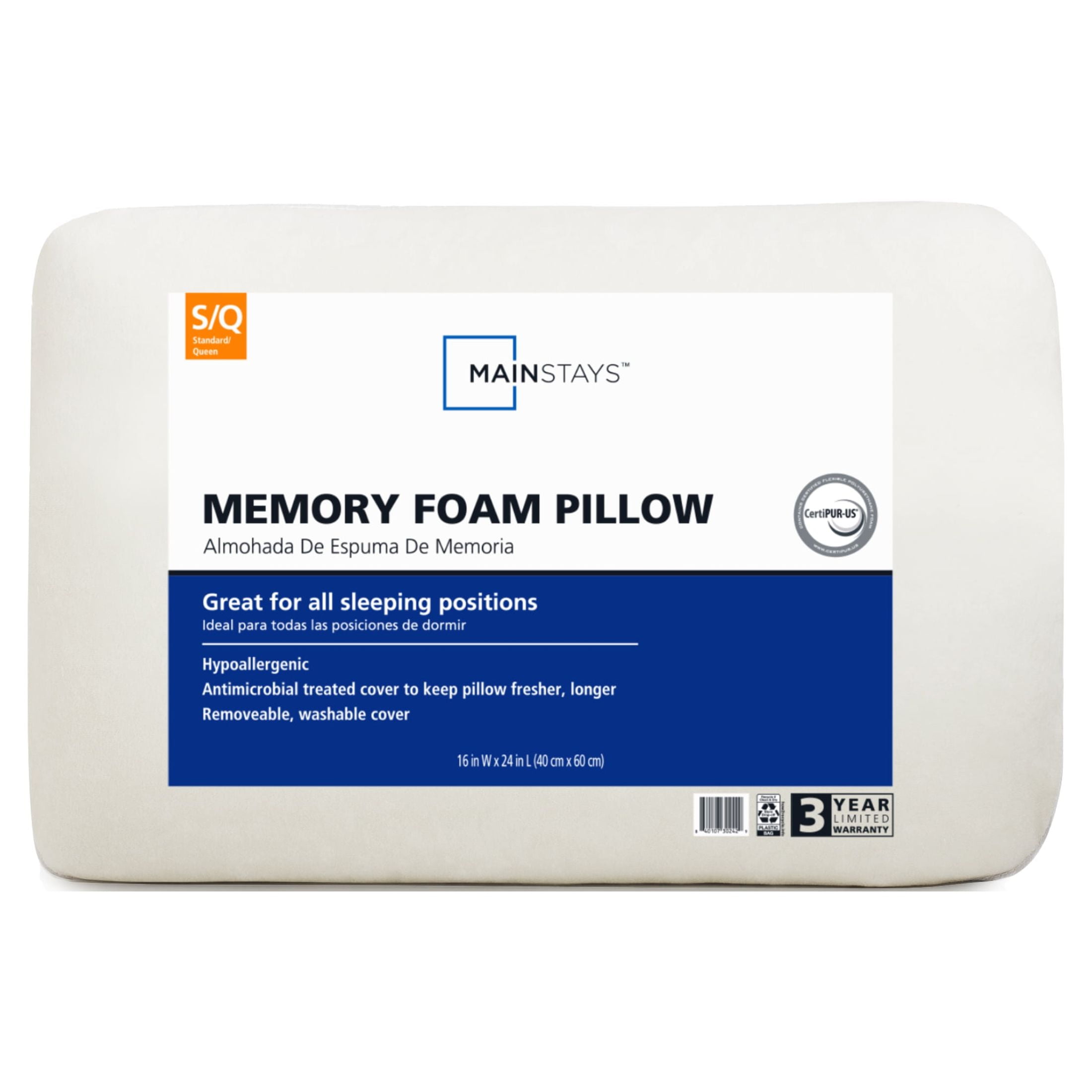 Mainstays Memory Foam Bed Pillow, Standard Size