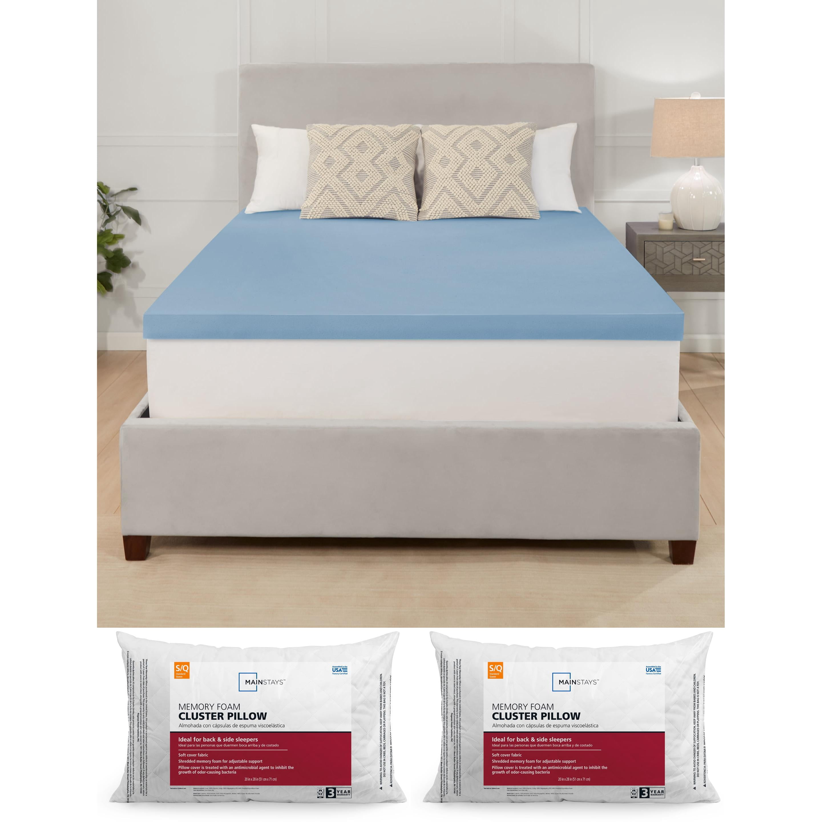 Mainstays 3" Memory Foam Mattress Topper, Queen with 2 Mainstays Memory Foam Cluster Pillows