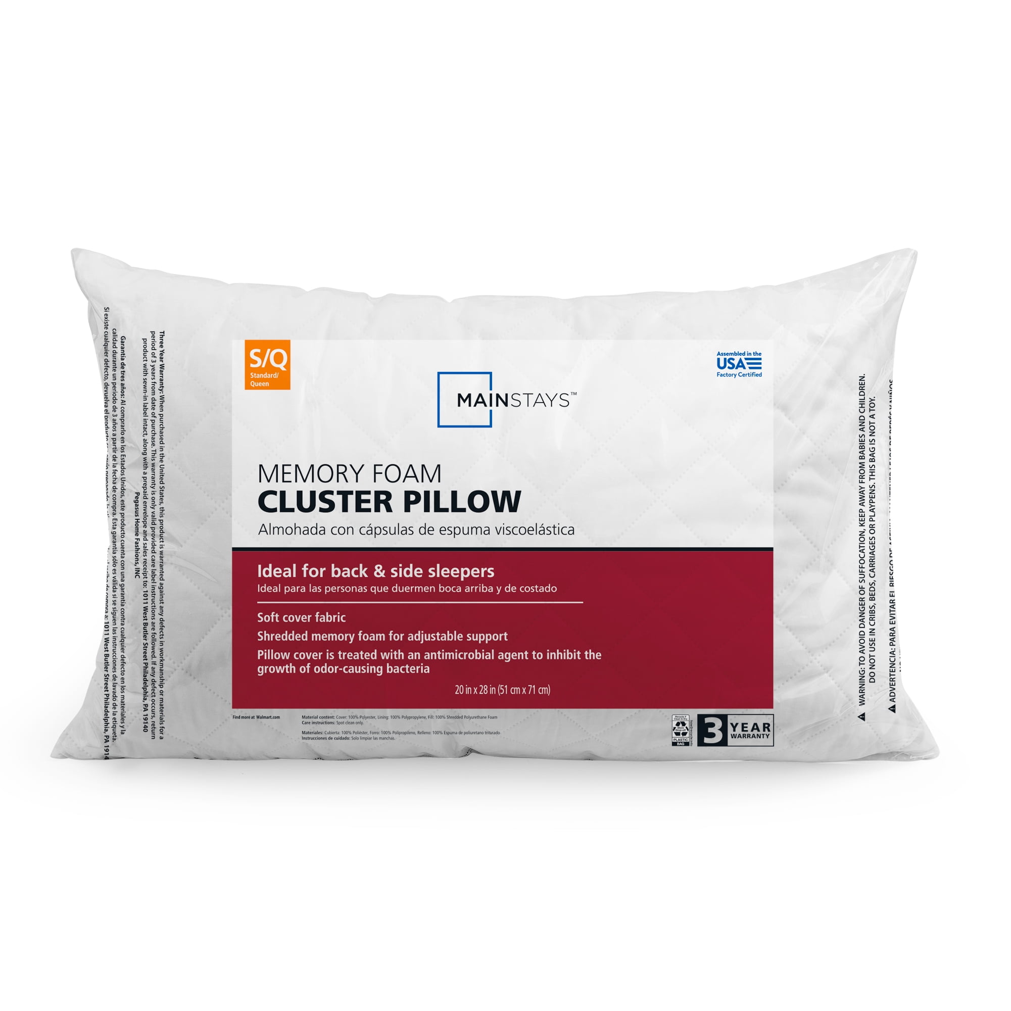 (2 pack) Mainstays Memory Foam Cluster Bed Pillow, Standard Queen