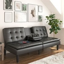 Mainstays Memory Foam Futon with Cupholder and USB, Black Faux Leather