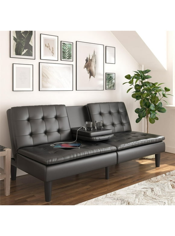 Mainstays Memory Foam Futon with Cupholder and USB, Black Faux Leather