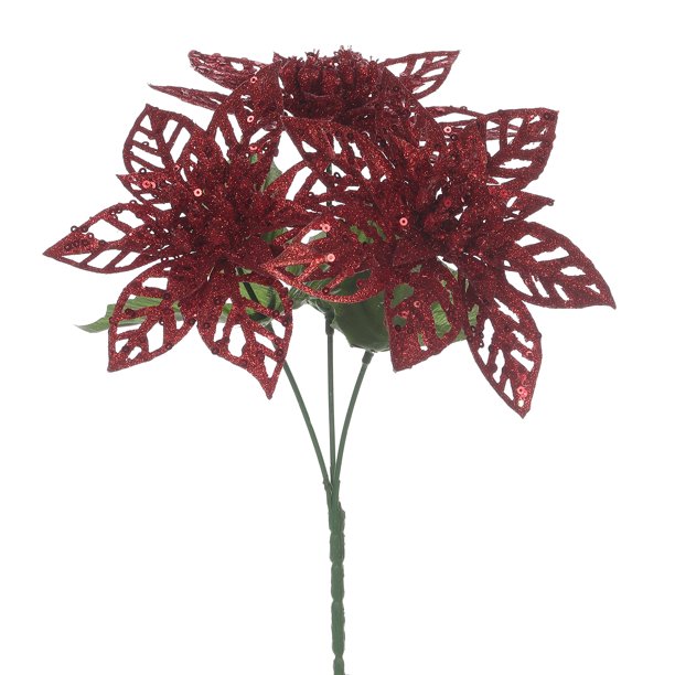 Mainstays 12 inch Red Glitter Poinsettia Pick, Indoor, Holiday, Plastic