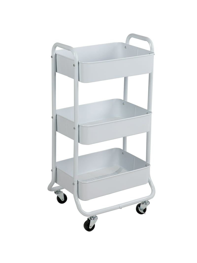 Mainstays 3 Tier Metal Utility Cart, Arctic White, Laundry Baskets, Easy Rolling, Adult and Child