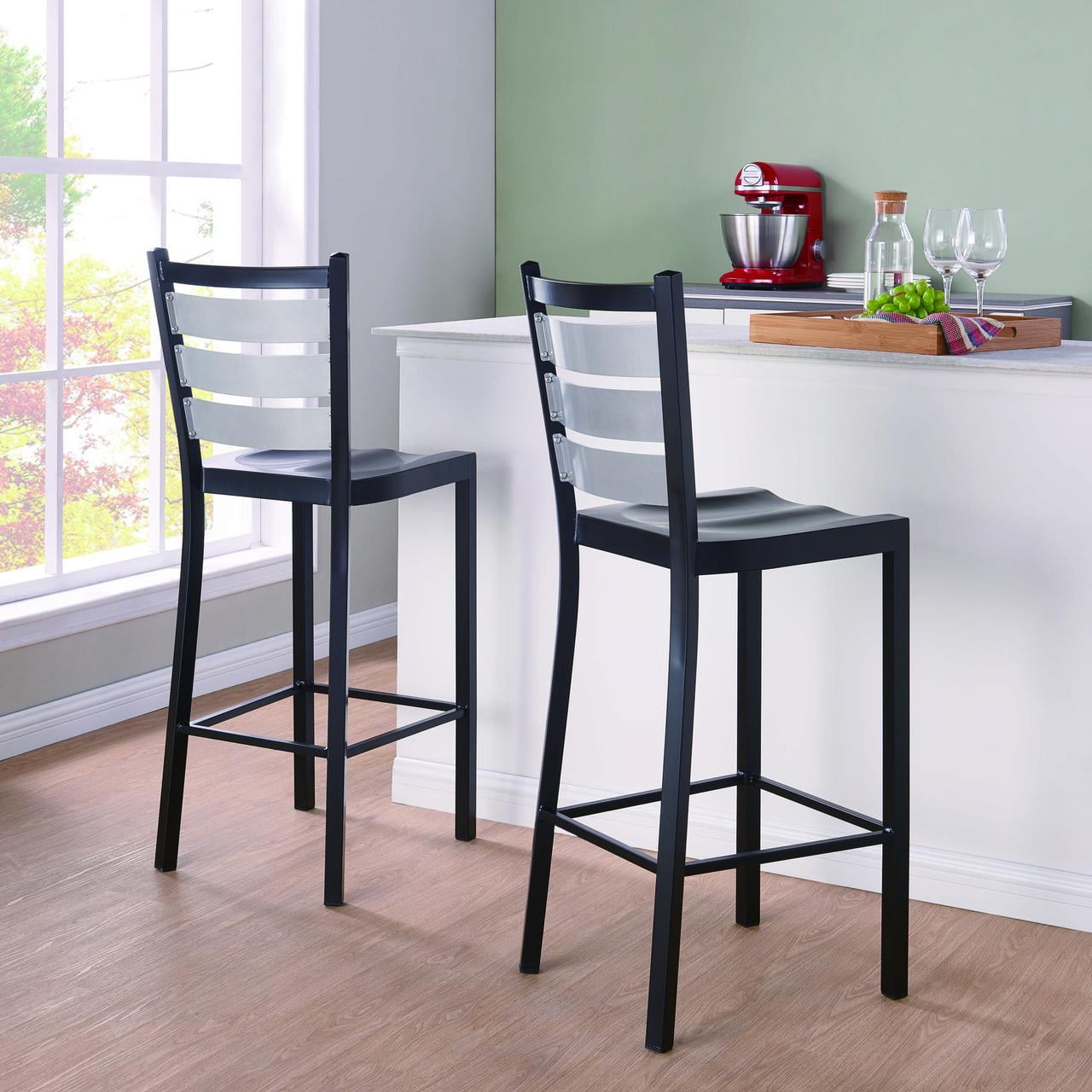 Mainstays Metal Ladder Back Bar Stools, Set of 2, Black