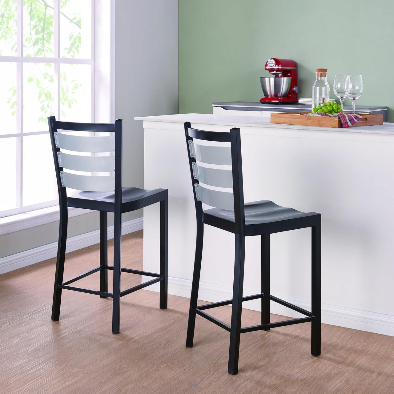 Mainstays Metal Ladder Back Counter Stools, Set of 2, Black