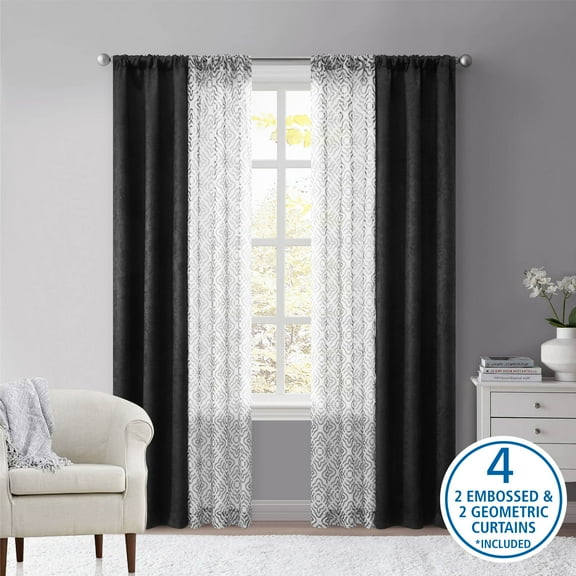 Mainstays Metallic Blackout Curtains and Sheers Set, 4 Panels, Black, 27.5" W x 84” L