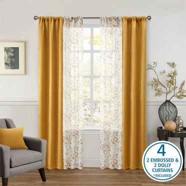 Mainstays Metallic Blackout Curtains and Sheers Set, 4 Panels, Brown Butter, 27.5" W x 84” L