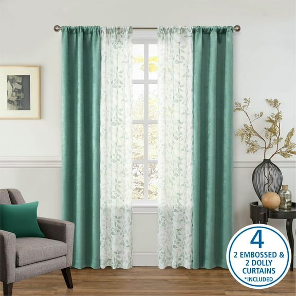 Mainstays Metallic Blackout Curtains and Sheers Set, 4 Panels, Green Sage, 27.5" W x 84” L