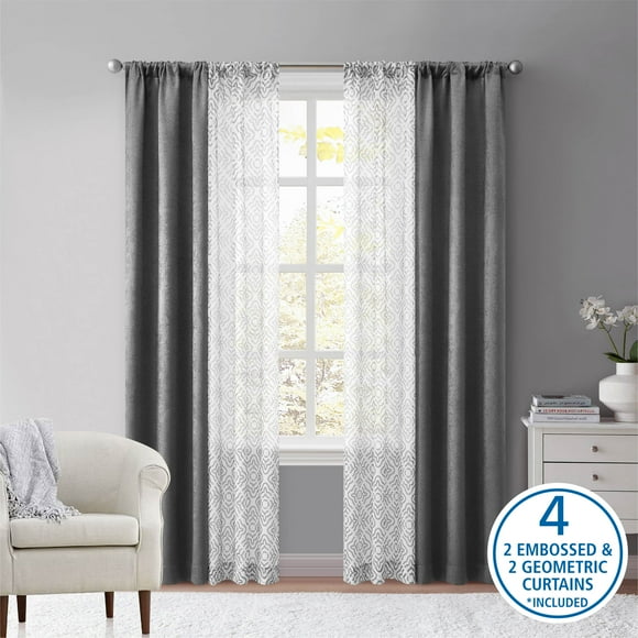 Mainstays Metallic Blackout Curtains and Sheers Set, 4 Panels, Soothing Gray, 27.5" W x 84” L