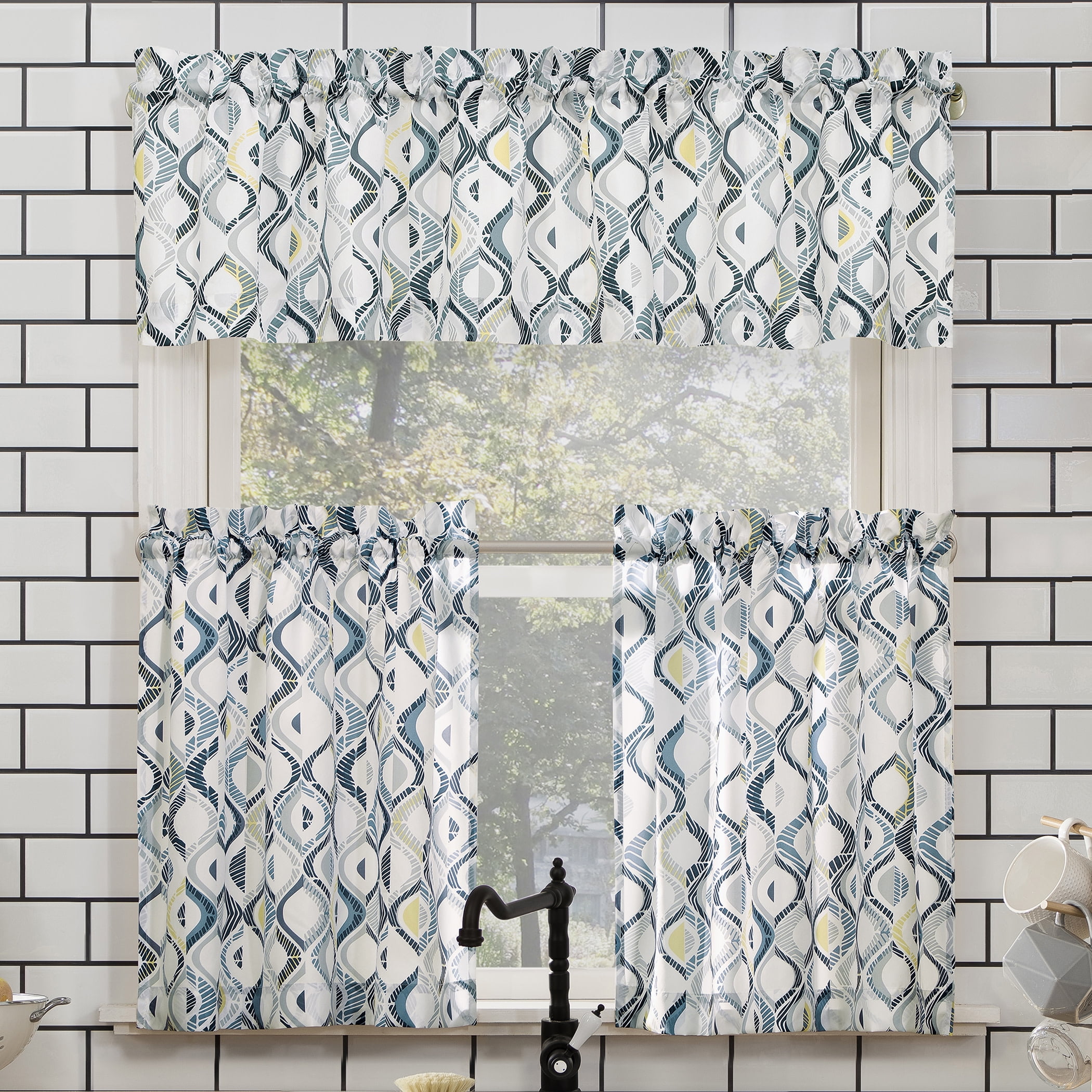 Mainstays 3-Piece Semi Sheer Rod Pocket Kitchen Window Tier Pair and Valance, 2 Café Curtains and 1 Curtain Valance, White Modern Ogee, 54"W x 36"L