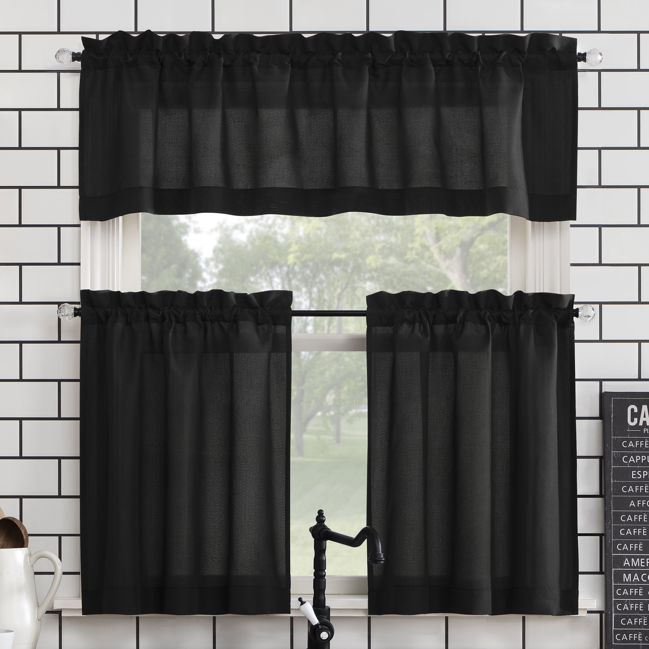 Mainstays 3-Piece Semi Sheer Rod Pocket Kitchen Window Tier Pair and Valance, 2 Café Curtains and 1 Curtain Valance, Black, 54"W x 24"L