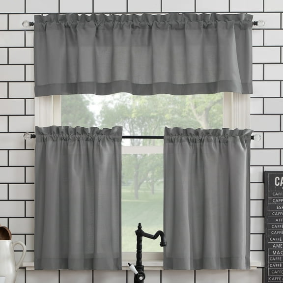 Mainstays 3-Piece Semi Sheer Rod Pocket Kitchen Window Tier Pair and Valance, 2 Café Curtains and 1 Curtain Valance, Gray, 54"W x 24"L