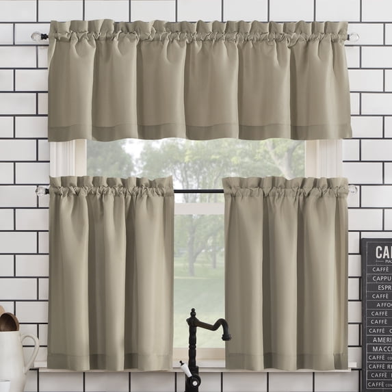 Mainstays 3-Piece Semi Sheer Rod Pocket Kitchen Window Tier Pair and Valance, 2 Café Curtains and 1 Curtain Valance, Taupe, 54"W x 24"L