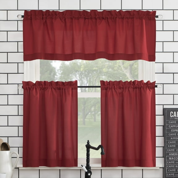 Mainstays 3-Piece Semi Sheer Rod Pocket Kitchen Window Tier Pair and Valance, 2 Café Curtains and 1 Curtain Valance, Red, 54"W x 36"L