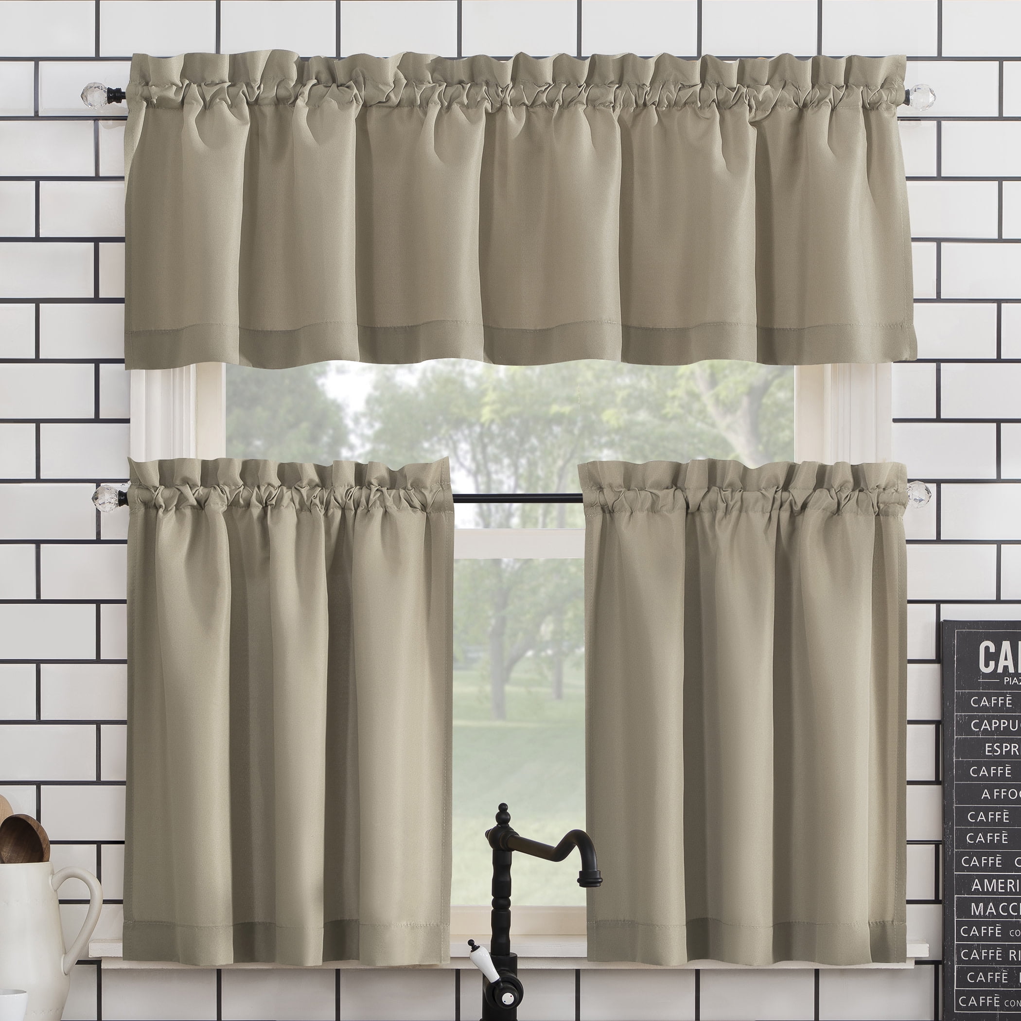 Mainstays 3-Piece Semi Sheer Rod Pocket Kitchen Window Tier Pair and Valance, 2 Café Curtains and 1 Curtain Valance, Taupe, 54"W x 36"L