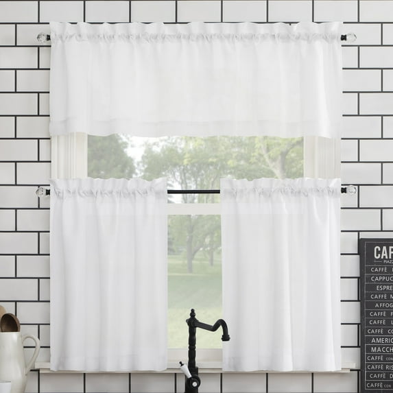 Mainstays 3-Piece Semi Sheer Rod Pocket Kitchen Window Tier Pair and Valance, 2 Café Curtains and 1 Curtain Valance, White, 54"W x 36"L