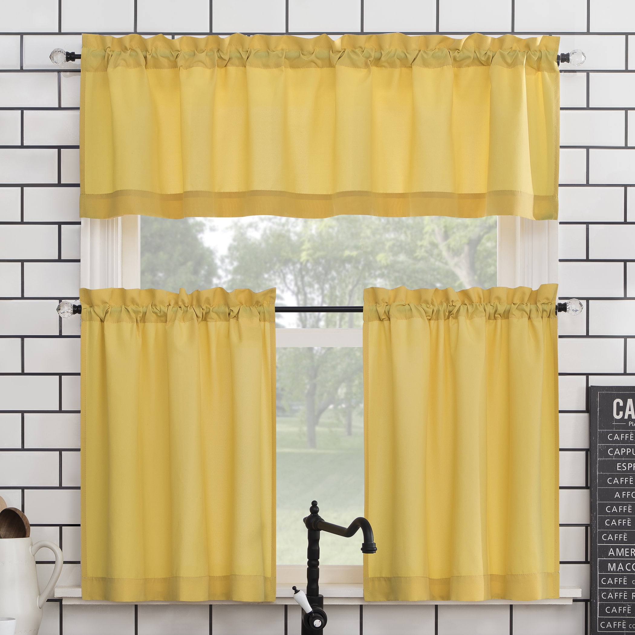 Mainstays 3-Piece Semi Sheer Rod Pocket Kitchen Window Tier Pair and Valance, 2 Café Curtains and 1 Curtain Valance, Yellow, 54"W x 36"L