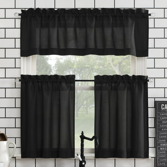 Mainstays 3-Piece Semi Sheer Rod Pocket Kitchen Window Tier Pair and Valance, 2 Café Curtains and 1 Curtain Valance, Black, 54"W x 45"L