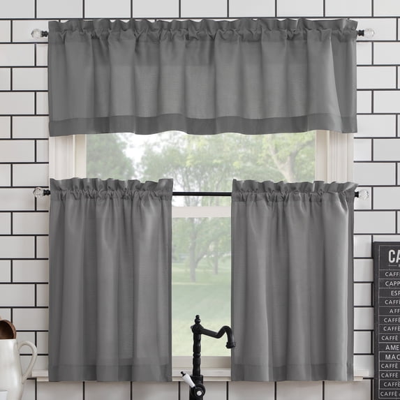 Mainstays 3-Piece Semi Sheer Rod Pocket Kitchen Window Tier Pair and Valance, 2 Café Curtains and 1 Curtain Valance, Gray, 54"W x 45"L