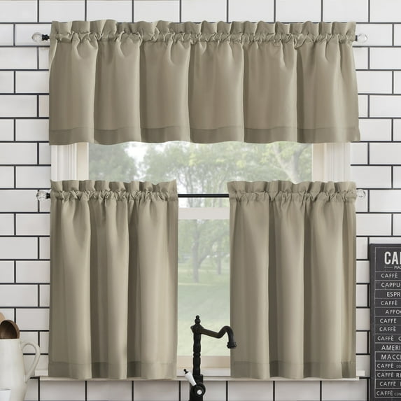 Mainstays 3-Piece Semi Sheer Rod Pocket Kitchen Window Tier Pair and Valance, 2 Café Curtains and 1 Curtain Valance, Taupe, 54"W x 45"L