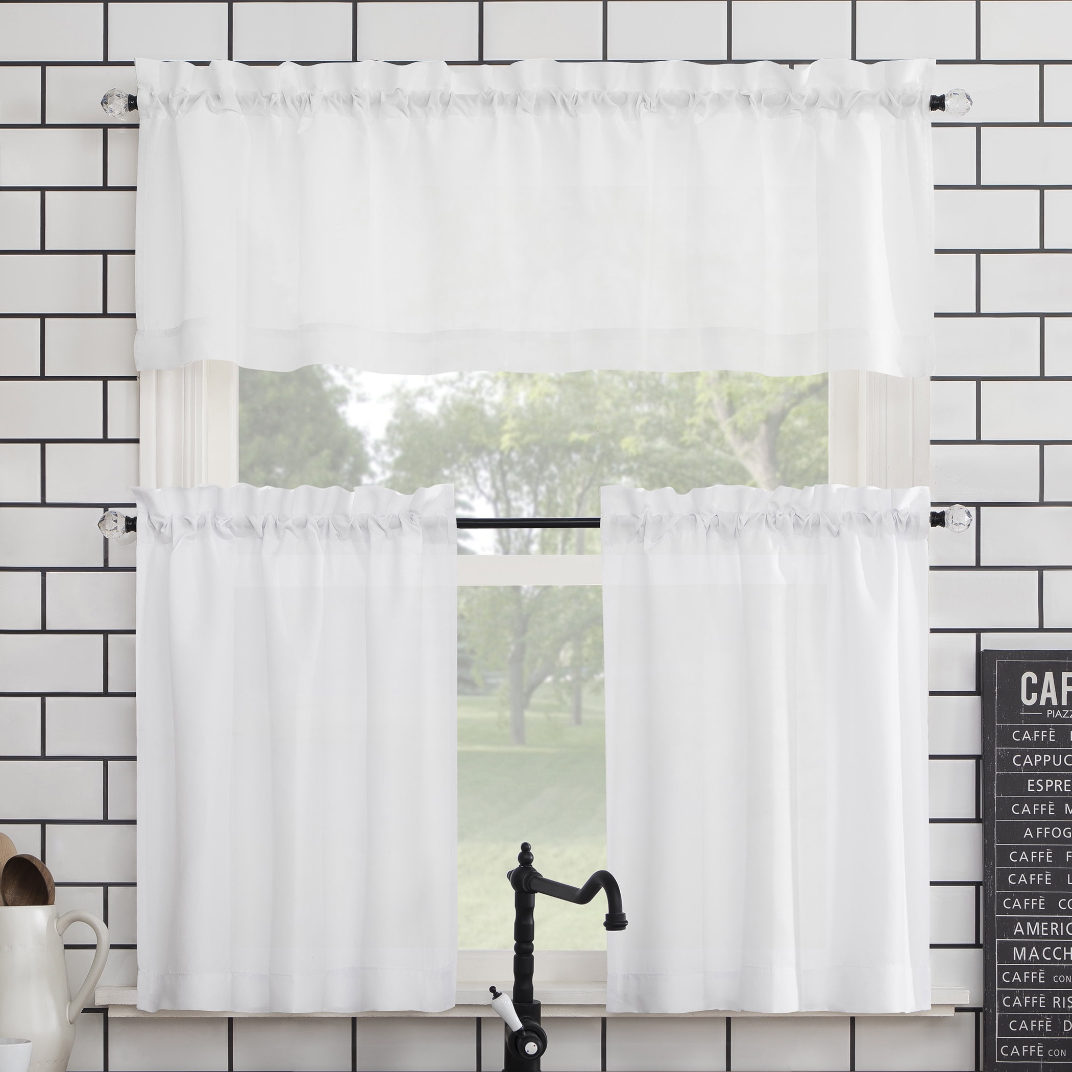 Mainstays 3-Piece Semi Sheer Rod Pocket Kitchen Window Tier Pair and Valance, 2 Café Curtains and 1 Curtain Valance, White, 54"W x 45"L