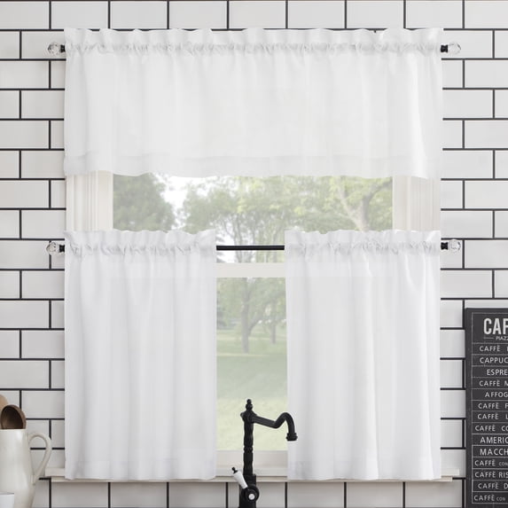 Mainstays 3-Piece Semi Sheer Rod Pocket Kitchen Window Tier Pair and Valance, 2 Café Curtains and 1 Curtain Valance, White, 54"W x 45"L