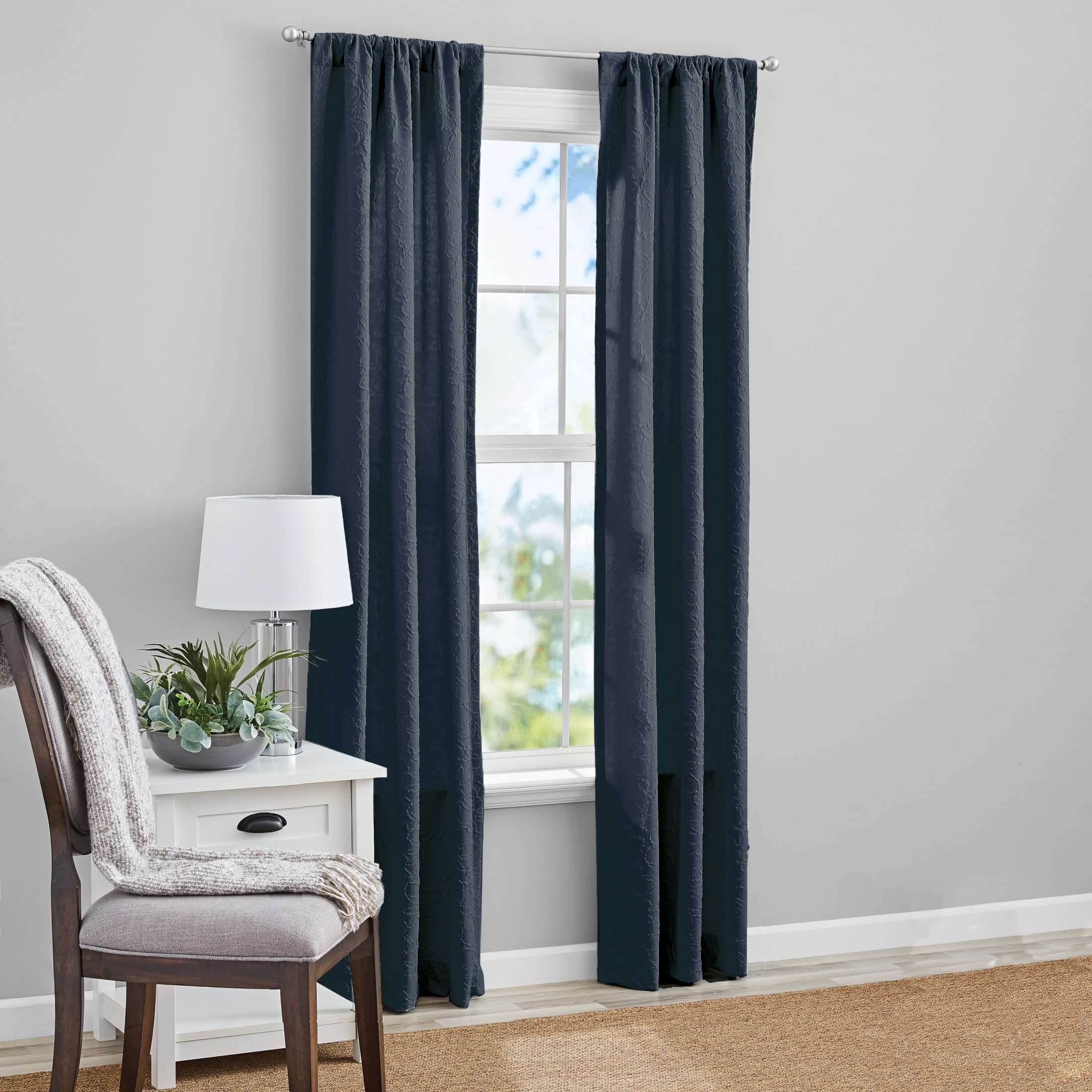 Mainstays Microsculpt Floral Rod Pocket Curtain Pair, Set of 2, Blue Cove, 37"W x 95"L