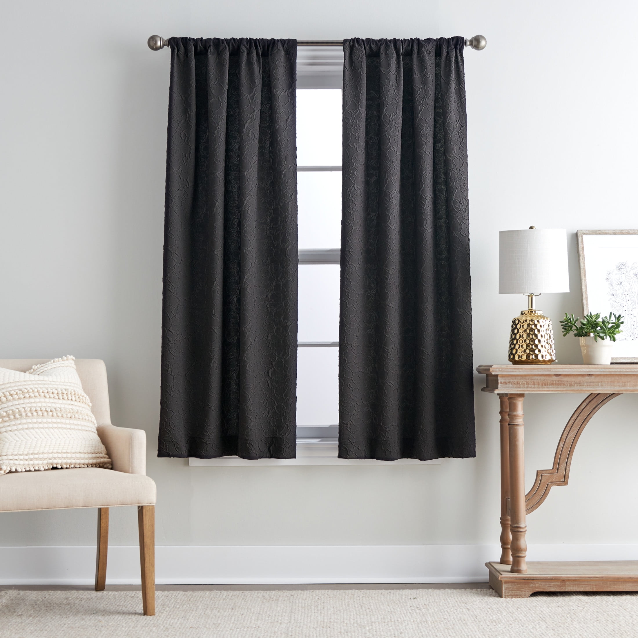 Mainstays Microsculpt Floral Rod Pocket Curtain Pair, Set of 2, Black, 37 in x 63 in