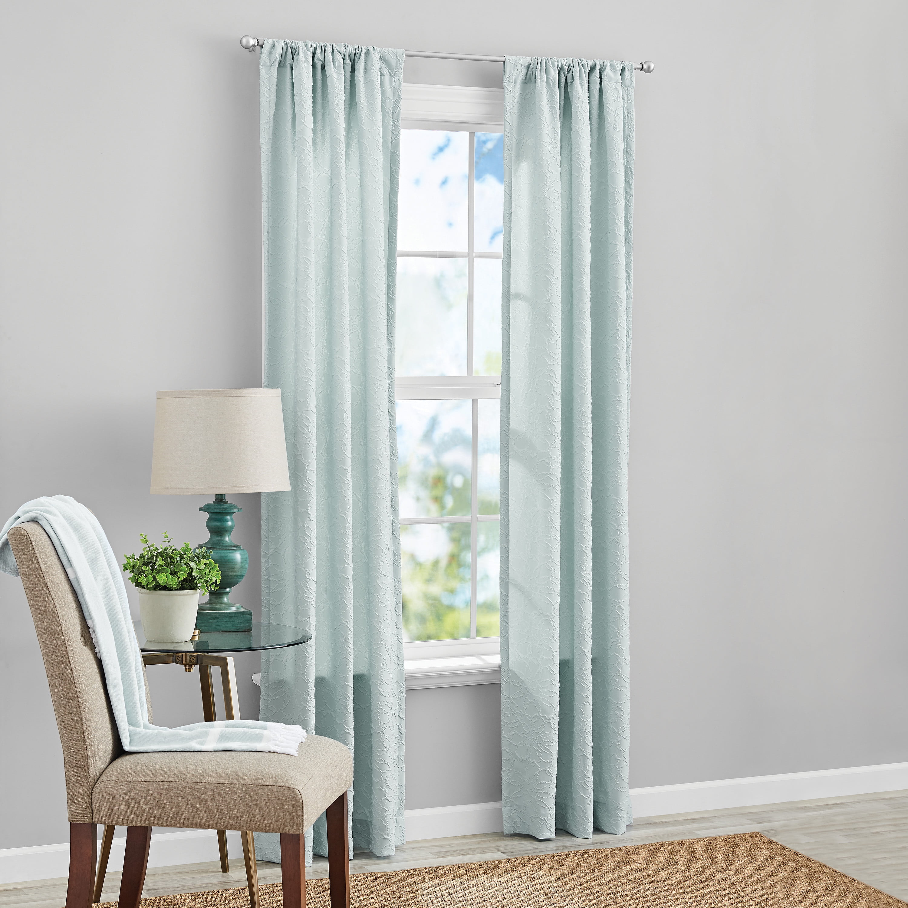 Mainstays Microsculpt Floral Rod Pocket Curtain Panels, Set of 2, Aqua, 37" W x 84" L