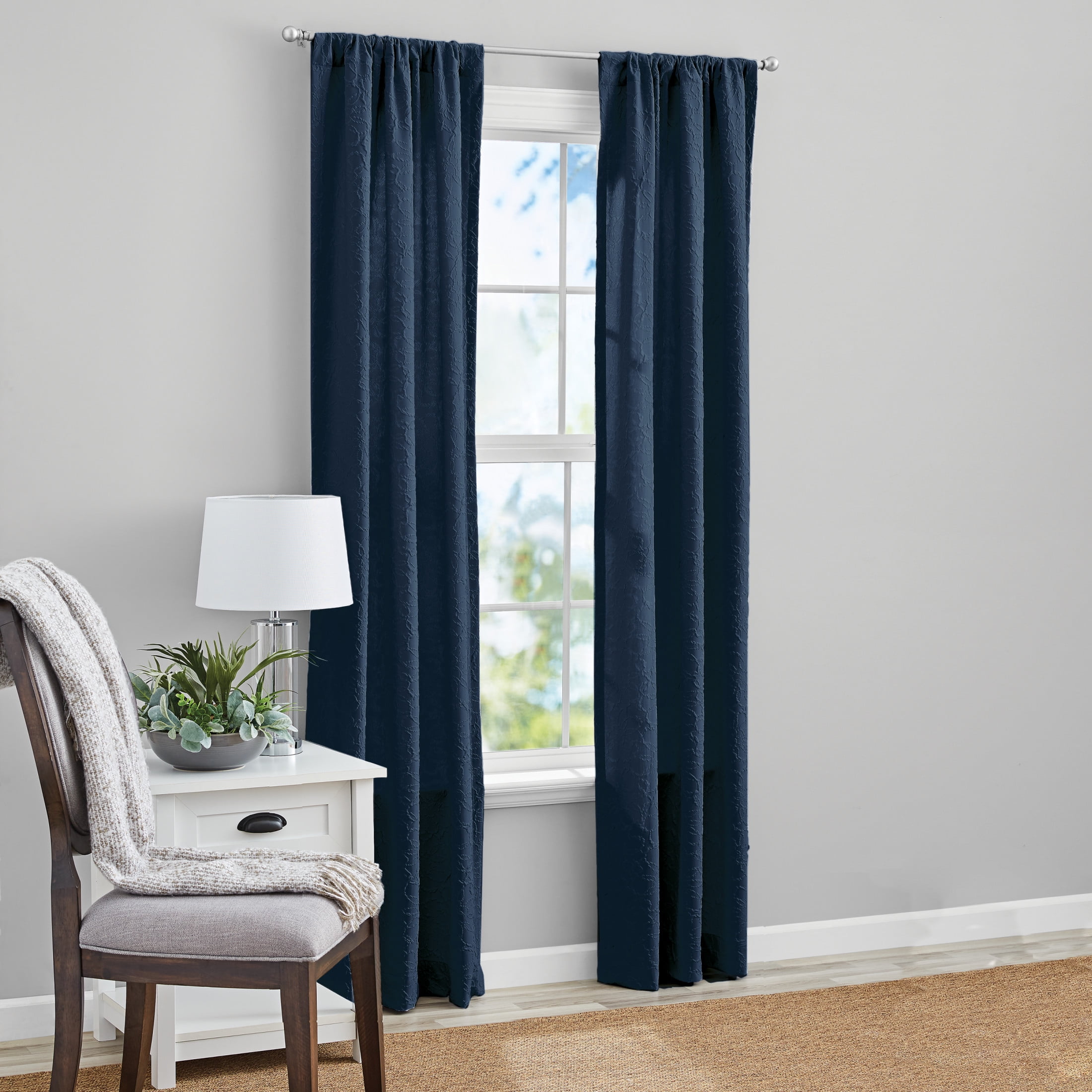 Mainstays Microsculpt Floral Rod Pocket Curtain Panels, Set of 2, Blue Cove, 37" W x 84" L