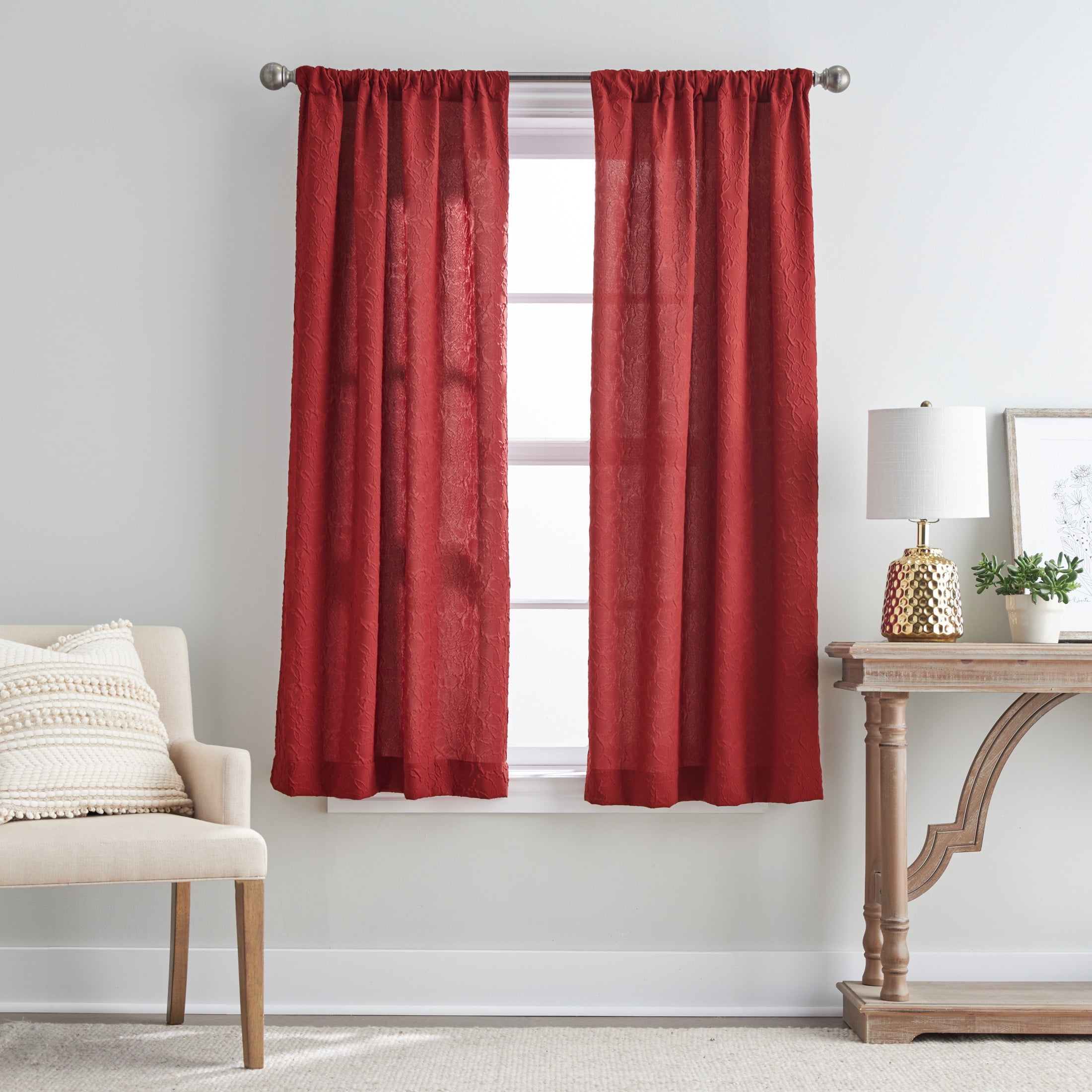 Mainstays Microsculpt Floral Rod Pocket Curtain Panels, Set of 2, Red Paprika, 37" W x 63" L
